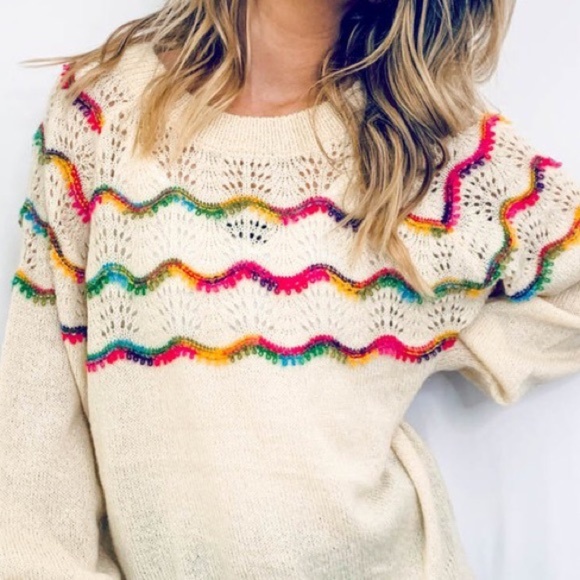 multi color rainbow cream knit fall sweater - Picture 3 of 3